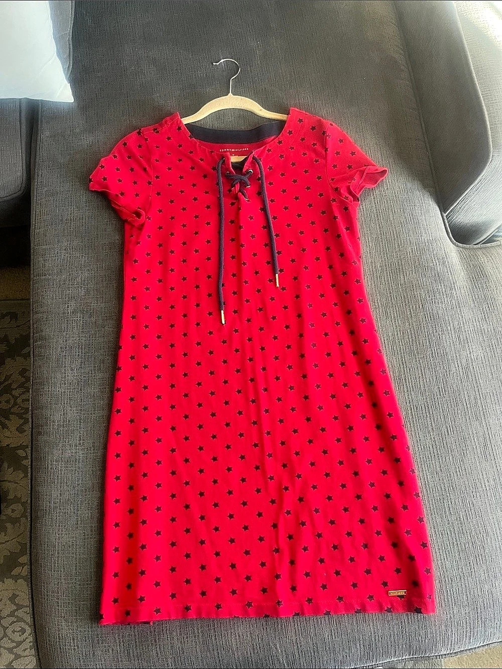 Tommy Hilfiger Star Print Lace-Up T-Shirt Dress Pink & Black Girls Medium